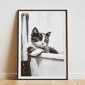 Impresión artística de gato Munchkin, póster de gatito en blanco y negro, bañera, baño de burbujas, arte de pared, linda ilustración de animal, retrato de mascota, regalo para amantes de los gatos, hogar