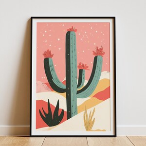 Wüste Kaktus Weihnachtsposter Rosa Festlicher Botanischer Kunstdruck Urlaub Wohnkultur Moderne Minimalistische Pflanze Illustration Vintage Stil