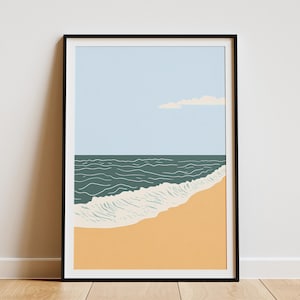 Póster minimalista de olas del océano en la playa, arte costero moderno, impresión de vacaciones de verano, decoración del hogar, arte de pared con mar, escena de océano en calma