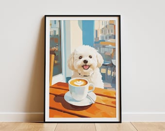 May include: A framed art print showing a white dog with a black collar, seated at a table with a coffee cup. The coffee has a heart design. The table is orange, and the background shows a sunny outdoor cafe scene with buildings.