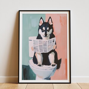 Impresión artística moderna de estilo Matisse con diseño de perro husky leyendo el periódico en el inodoro, decoración para el baño con diseño de animales divertidos, regalo para amantes de las mascotas
