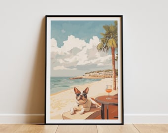 Boston Terrier Beach Poster Dog Art Print Summer Vacation Decor Coastal Dog Lover Gift Funny Canine Illustration Pet Wall Art Modern Pet