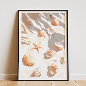 Impresión artística de pared con diseño de conchas, estrellas de mar y playa, para decoración de verano, póster de costa, regalo de verano