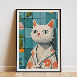 Impresión artística de bata de baño de gato Munchkin, póster estilo Matisse, retrato de mascota, lindo gato, arte de pared, decoración de baño, regalo moderno para amantes de los gatos, decoración moderna para el hogar