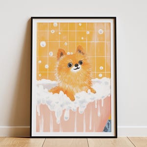 Pomeranian Dog Art Print Bathroom Wall Decor Cute Puppy Poster Funny Dog in Tub Art Orange Dog Print Pet Lover Gift Canine Art Print