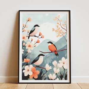 Póster de pájaro de prado floral Impresión botánica de primavera Arte de pared de pájaro en flor de durazno Impresión de arte de la naturaleza Ilustración de pájaro y flor Hogar moderno