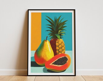 May include: A framed art print featuring a still life of fruit. A yellow and green pear, a pineapple, and a halved papaya are depicted against a teal and orange background. The artwork is displayed on a white wall.