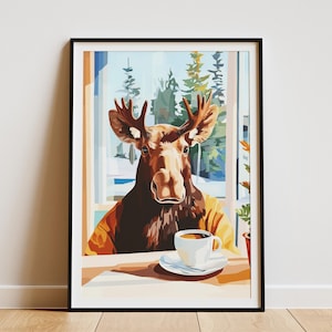Impresión artística de Moose Cafe, regalo para amantes del café, póster de animales, arte de pared caprichoso, decoración del hogar, ilustración divertida de alce, impresión de cafetería, póster de cafetería