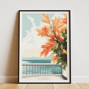 Póster con vista al mar, impresión artística costera, hojas naranjas, paisaje marino minimalista moderno, decoración de playa de verano, pintura de paisaje abstracto, océano en calma
