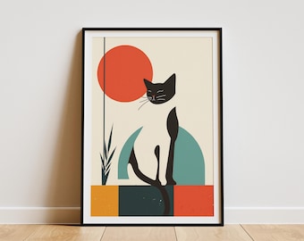 Minimalist Cat Poster Geometric Art Print Wall Decor Modern Cat Art Black White Cat Illustration