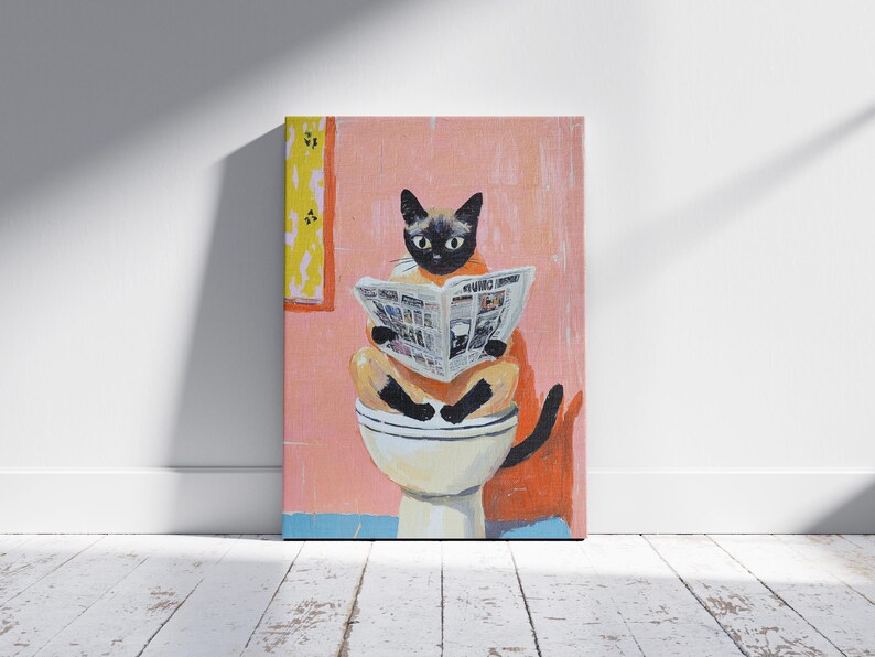 Siamese Cat Reading Newspaper on Toilet Poster Print Bathroom Wall Art ...