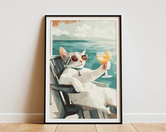 Cool Cat Summer Beach Cocktail Party Poster PrintFunny Cat ArtDomestic Shorthair Cat Lover GiftSummer Vacation DecorElegant Cat PosterCute