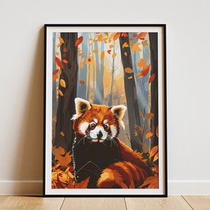 Póster de panda rojo en el bosque otoñal, arte de vida silvestre, ilustración de animales de la naturaleza, póster de animales lindos, arte forestal, decoración de pared