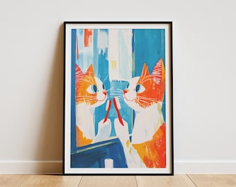 Oranje kat badkamer print schattige kat kunst grappige kat poster moderne kat illustratie grillige dierenprint oranje en witte kat badkamer decor