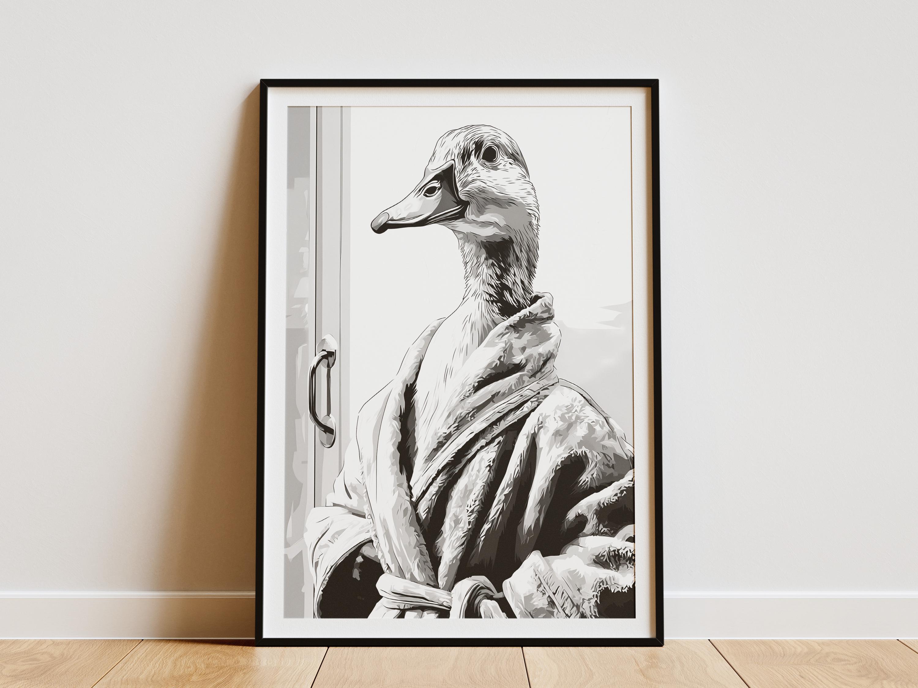 Duck in Bathrobe Bathroom Art Print Unique Monochrome Animal Wall Decor ...
