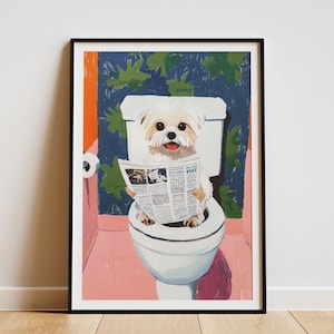 Maltese Dog Toilet Newspaper Art Bathroom Humor Print Funny Animal Poster Quirky Home Decor Maltese Lover Gift Unique Bathroom Wall Art