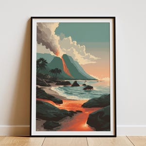 Póster de lava hawaiana en el océano, impresión de erupción volcánica, arte de isla tropical, impresión de paisaje de playa, decoración de pared de Hawái, Parque Nacional Volcán