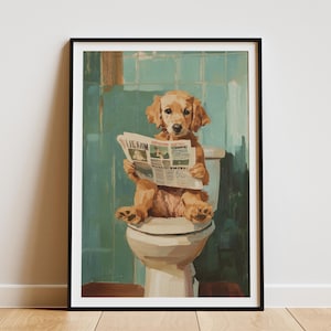 Golden Retriever Puppy On Toilet Reading Newspaper Art Print Funny Dog Poster Bathroom Wall Decor Cute Animal Lover Gift Quirky Home Decor