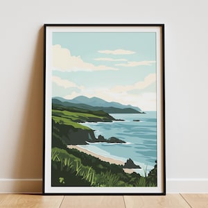 Ring of Kerry Ireland Landscape Poster Irish Coastline Print Modern Minimalist Irish Travel Art Green Mountains Ocean View Ireland Wall