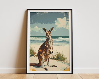 Plakat podróżniczy Vintage Kangaroo Beach Australia Wildlife Art Print Animal Wall Decor