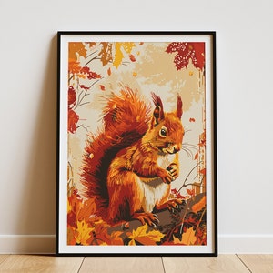 Herbstwald Eichhörnchen Poster Natur Kunstdruck Tier Wanddekor Eichhörnchen Illustration
