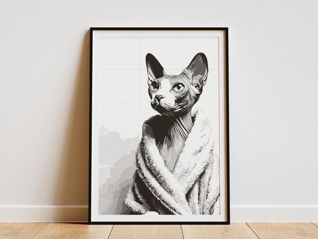Sphynx Cat in Bathrobe Bathroom Art Print Unique Pet Lover Gift Black ...