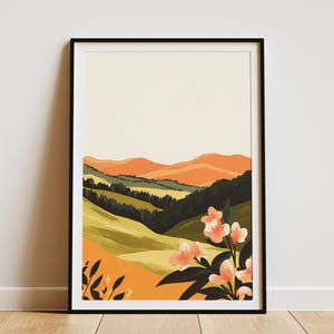 Orange Sonnenuntergang Landschaft Poster Abstrakte Hügel Druck Moderne Natur Wandkunst Botanische Illustration Pfirsich Blumendekor Minimalistische Wohnkultur