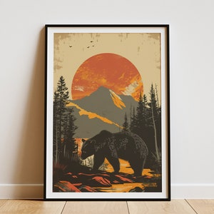 Schwarzer Bär Berg Sonnenuntergang Poster Wildlife Art Print Vintage Reiseposter Nationalpark Natur Art