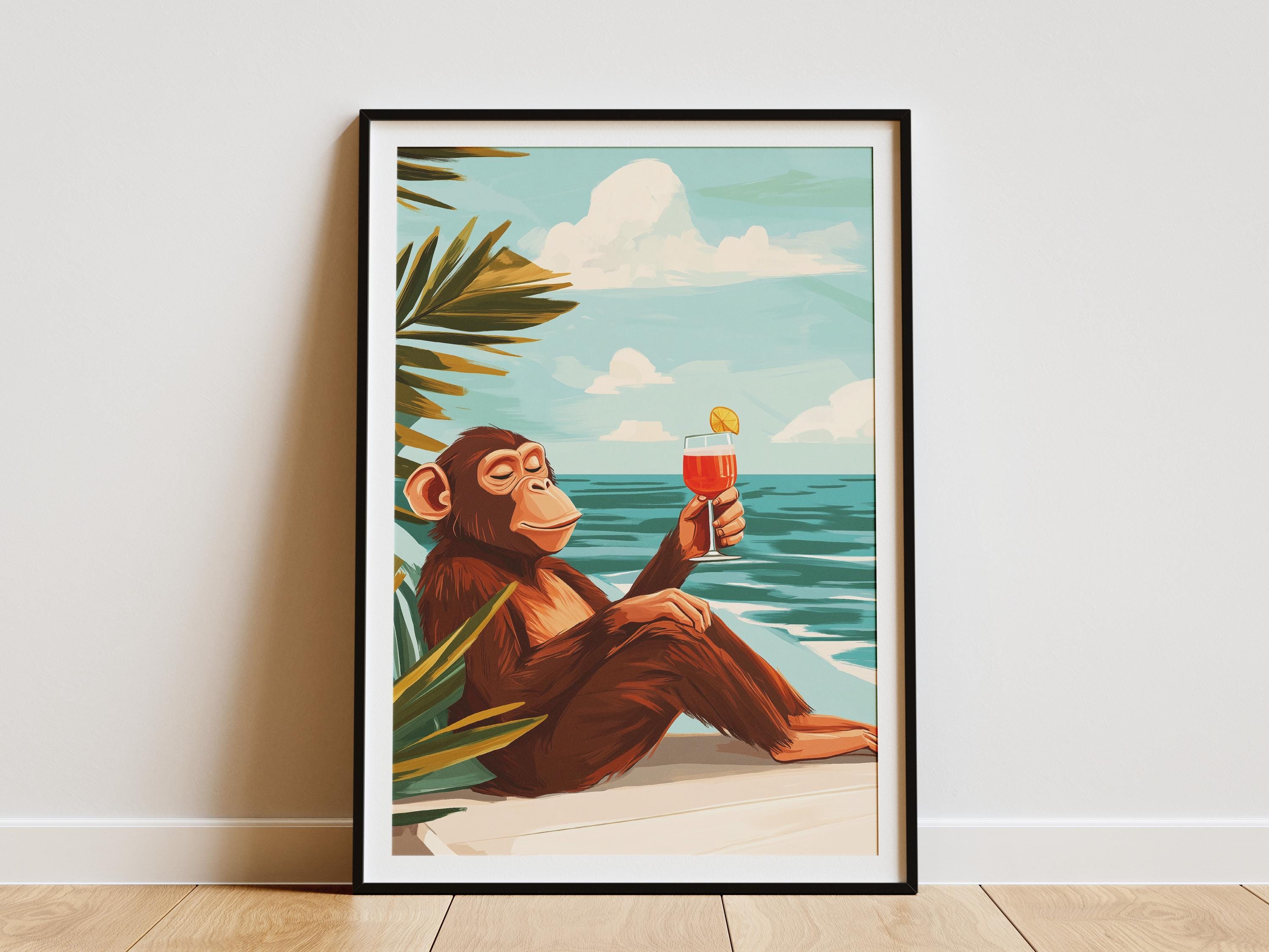 Chimpanzee Beach Poster Summer Monkey Print Tropical Animal Art