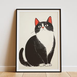 Zwart-witte kat kunst print Chinese houtsnede stijl poster vintage geïnspireerde muur decor schattig kitten illustratie minimalistisch kattenliefhebber cadeau