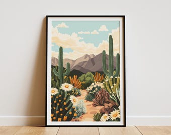Desert Cactus Landscape Poster Print Botanical Art Southwest Desert Plants Cactus Bloom Nature Wall Art Decor