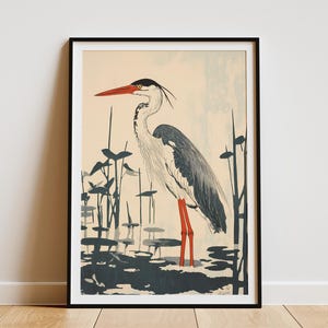 Heron in Marsh Poster Bird Wall Art Traditional Animal Print Nature Decor Wildlife Illustration Heron Art Print Marsh Landscape Bird Lover