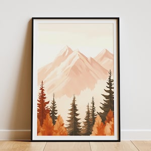 Mountain Peak Poster Abstrakte Landschaft Druck Moderne Wandkunst Herbstwald Szene Minimalistische Wohnkultur Pfirsich und Orange Farbpalette