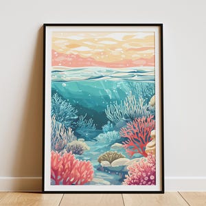 Póster con estampado de arrecife de coral oceánico, vida submarina, arte de pared, decoración de playa, decoración del hogar, sala de estar costera, regalo de vacaciones de verano, coral rosa