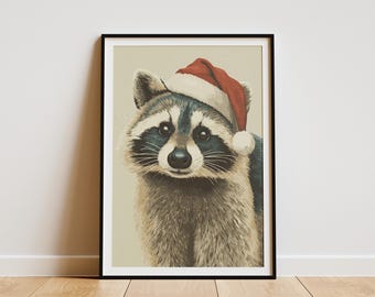 Christmas Raccoon Art Print Holiday Animal Wall Decor Winter Wonderland Festive Raccoon Portrait Digital Art Poster Gift