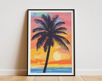 Palm Tree Sunset Poster Tropical Beach Art Print Summer Vacation Wall Decor Orange and Blue Modern Art Coastal Home Decor Boho
