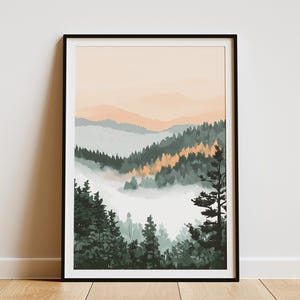 Nebliges Waldtal Landschaftsplakat Moderne Kunst Druck Natur Wanddekor Neblig Bergszene Abstrakt Grün Kunstwerk Wohnkultur Druck