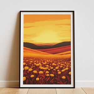 Prärie Sonnenuntergang Landschaft Poster Goldrute Feld Wandkunst Herbst Natur Druck Gelbe Blumenwiese Orange und Rottöne Modernes Bauernhaus