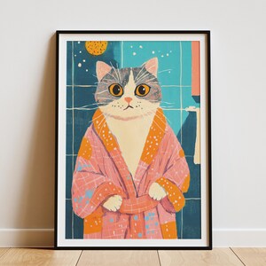 Impresión artística de gato Scottish Fold, bata de baño, póster para baño, regalo divertido para amantes de los gatos, arte único de gato, impresión de gato lindo, retrato de mascota, decoración de pared