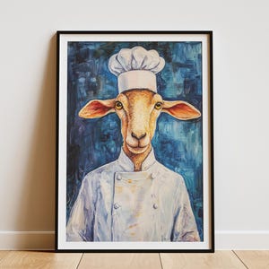 Impresión artística de oveja chef, póster divertido de animales, decoración de cocina peculiar, arte de pared de granja, impresión artística de oveja caprichosa con gorro de chef