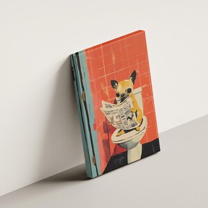 Chihuahua Puppy on Toilet Reading Newspaper Art Print Bathroom Humor Dog Lover Gift Funny Pet Poster Cute Dog Wall Art Quirky Home Decor image 3