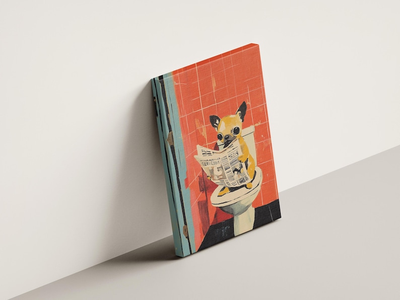 Chihuahua Puppy on Toilet Reading Newspaper Art Print Bathroom Humor Dog Lover Gift Funny Pet Poster Cute Dog Wall Art Quirky Home Decor image 3