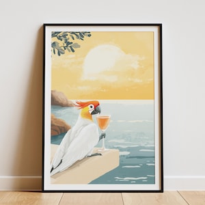 Impresión artística de pájaro de playa, atardecer, cacatúa, costa, animal, decoración del hogar, vacaciones de verano, póster de pájaro costero, ilustración de loro tropical elegante