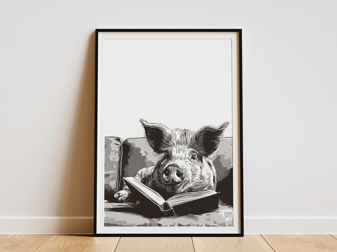 Intellectual Pig Reading Book on Sofa Art Print Black and White Animal ...