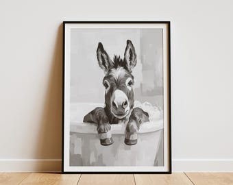 Donkey in Bathtub Art Print Farm Animal Wall Art Whimsical Bathroom Decor Funny Animal Poster Donkey Lover Gift Black and White Minimalist