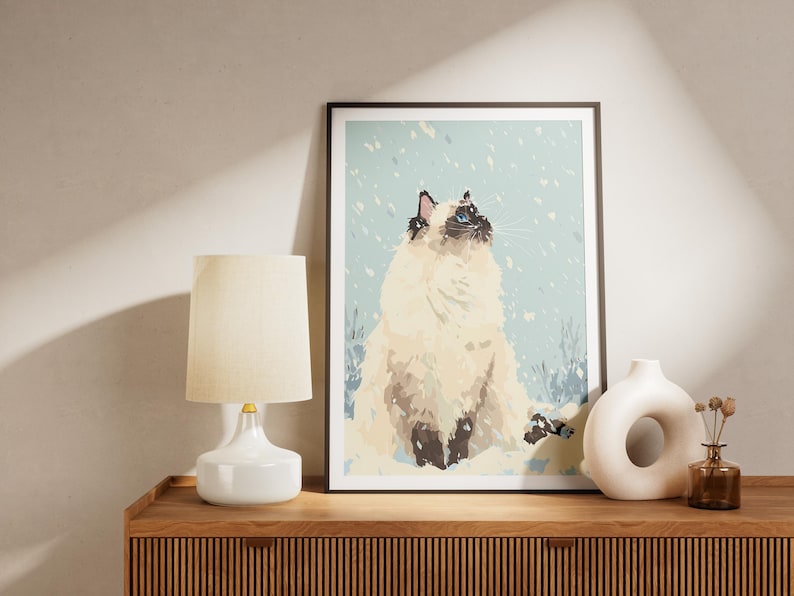 Ragdoll Cat Snow Day Art Print Winter Pet Illustration Cozy Home Decor ...