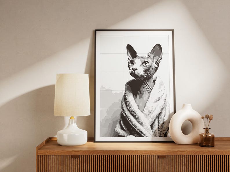 Sphynx Cat in Bathrobe Bathroom Art Print Unique Pet Lover Gift Black ...