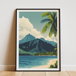 Póster de playa de Moorea, Polinesia Francesa, impresión artística de isla tropical, ilustración de palmeras y montañas, impresión de viaje de vacaciones, Polinesia Francesa