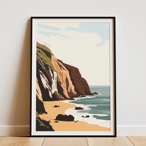 Ilustración plana de la costa jurásica del Reino Unido Impresión de arte costero minimalista moderno Póster de viaje del Reino Unido Escena de playa oceánica Vacaciones de verano