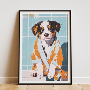 Australian Shepherd Puppy Art Print Bathroom Decor Bathrobe Animal Art Aussie Dog Poster Dog Lover Gift Nursery Art Kids Room Art